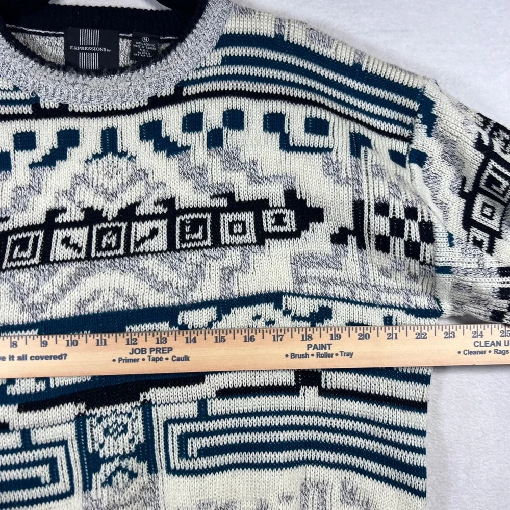 Vintage Expressions Mens Med Geometric Abstract Knit Sweater Teal Grey Coogi 90s